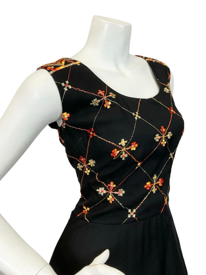 VTG 60S 70S BLACK ORANGE GOLD VERA MONT PLEATED EMBROIDERED MAXI DRESS 12