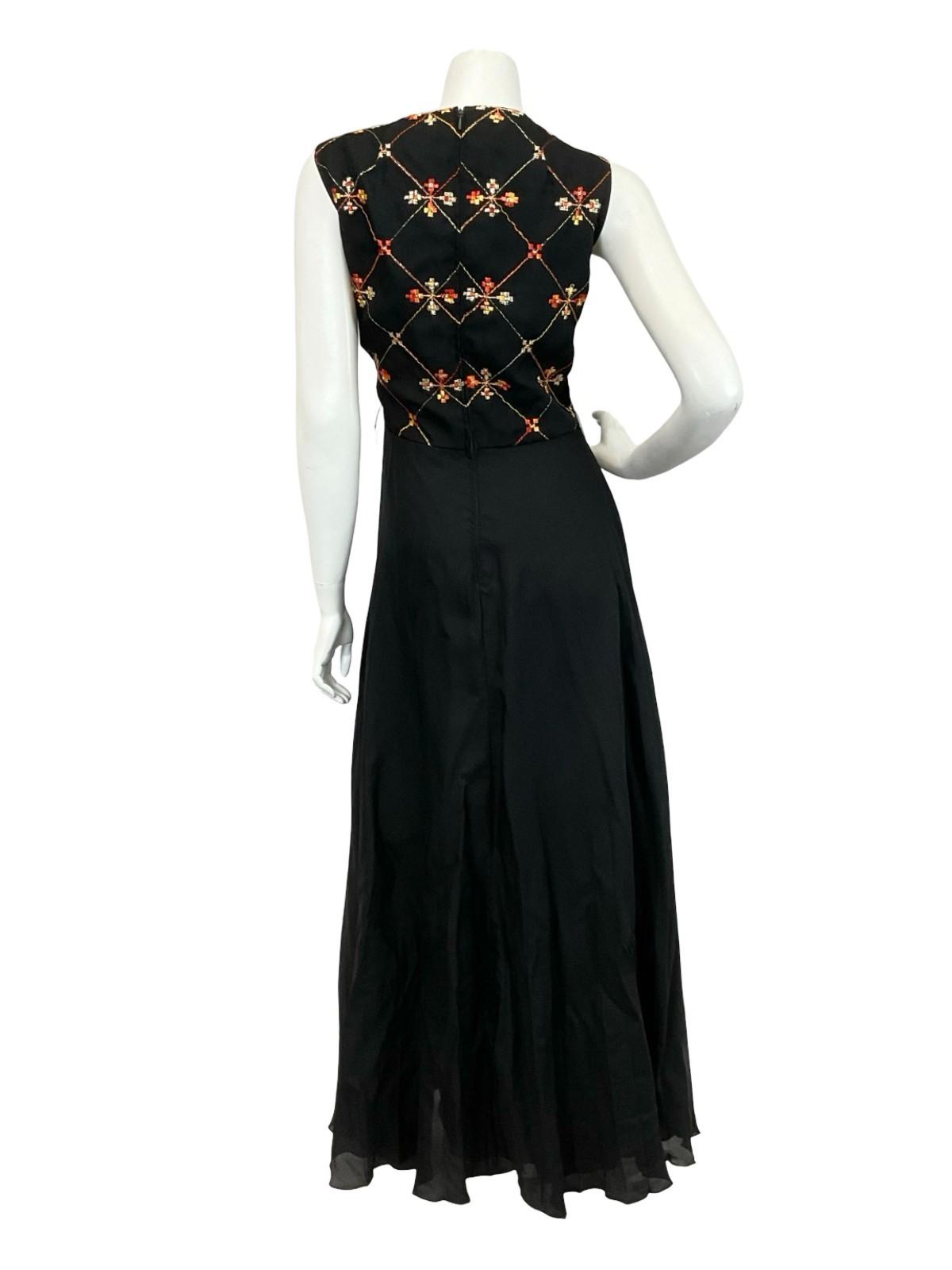 VTG 60S 70S BLACK ORANGE GOLD VERA MONT PLEATED EMBROIDERED MAXI DRESS 12