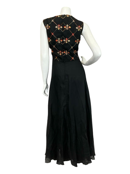 VTG 60S 70S BLACK ORANGE GOLD VERA MONT PLEATED EMBROIDERED MAXI DRESS 12