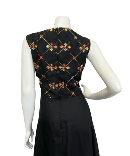 VTG 60S 70S BLACK ORANGE GOLD VERA MONT PLEATED EMBROIDERED MAXI DRESS 12