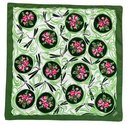 VTG 60S 70S GREEN PINK WHITE FLORAL DOTTY DRAGONFLY SWIRL SCARF