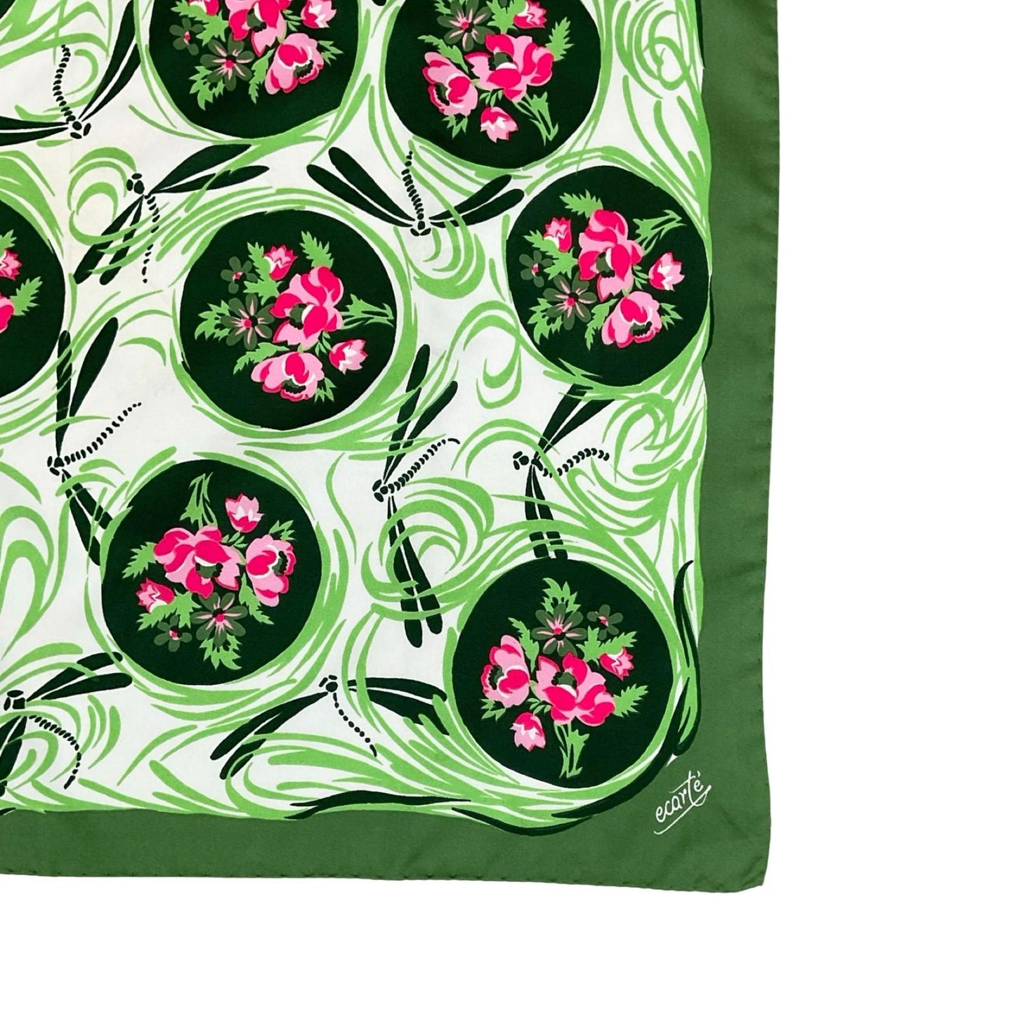 VTG 60S 70S GREEN PINK WHITE FLORAL DOTTY DRAGONFLY SWIRL SCARF