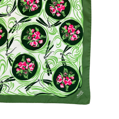 VTG 60S 70S GREEN PINK WHITE FLORAL DOTTY DRAGONFLY SWIRL SCARF
