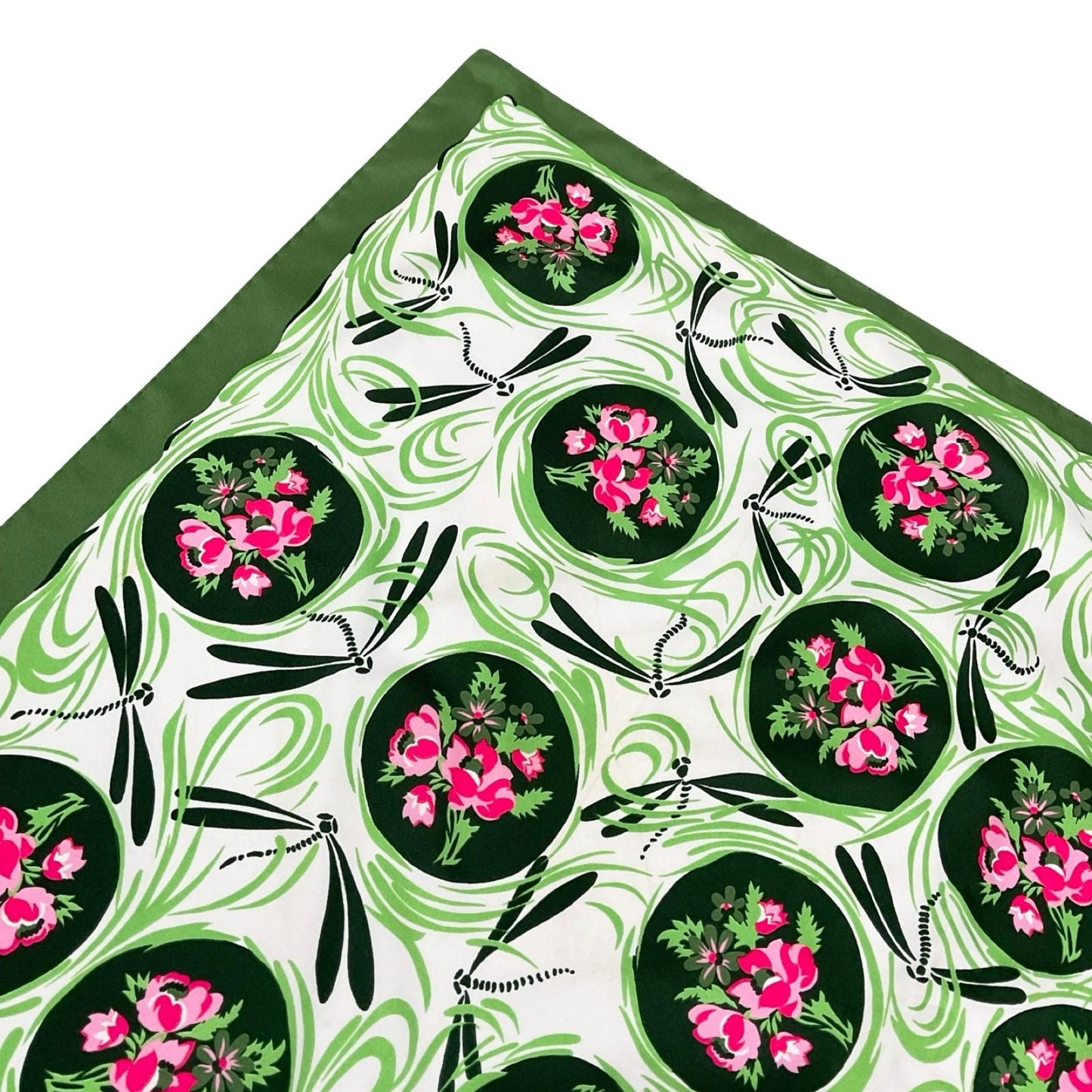 VTG 60S 70S GREEN PINK WHITE FLORAL DOTTY DRAGONFLY SWIRL SCARF
