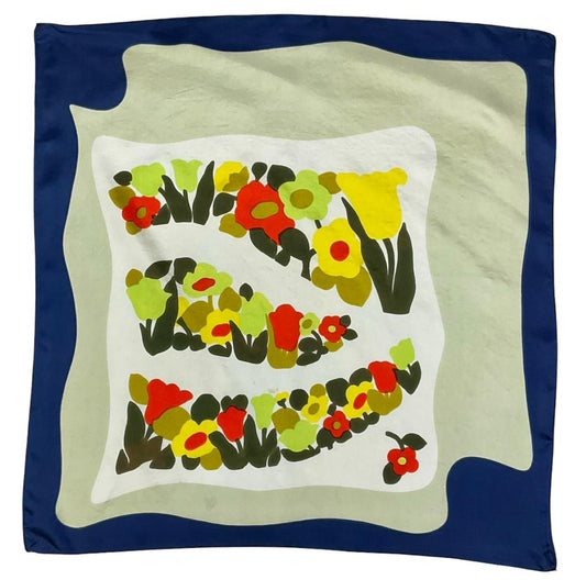 VTG 60S 70S BEIGE BLUE YELLOW ORANGE FLORAL MEADOW PSYCHEDELIC SCARF
