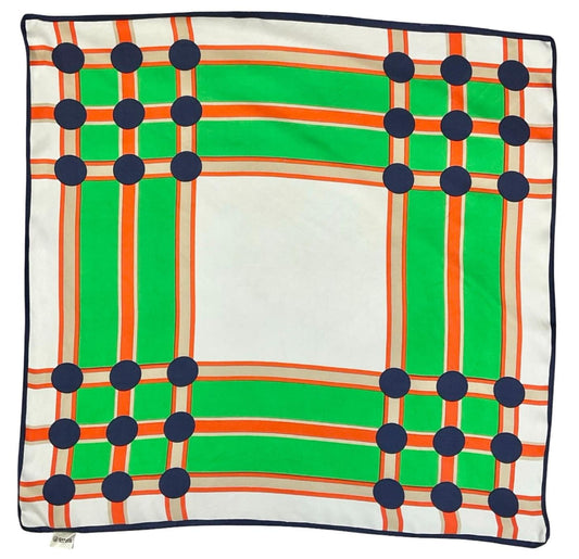 VTG 60S 70S GREEN ORANGE NAVY BLUE WHITE MOD GEOMETRIC DOTTY GRID SQUARE SCARF