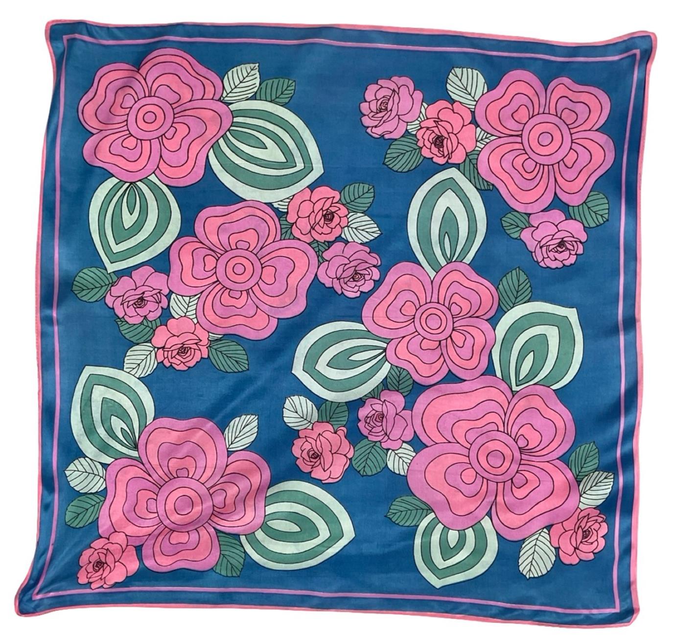 *VTG 60S 70S BLUE PINK TEAL GREEN GEOMETRIC ROSE FLORAL MOD BOHO SCARF