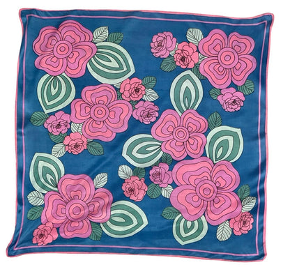 *VTG 60S 70S BLUE PINK TEAL GREEN GEOMETRIC ROSE FLORAL MOD BOHO SCARF