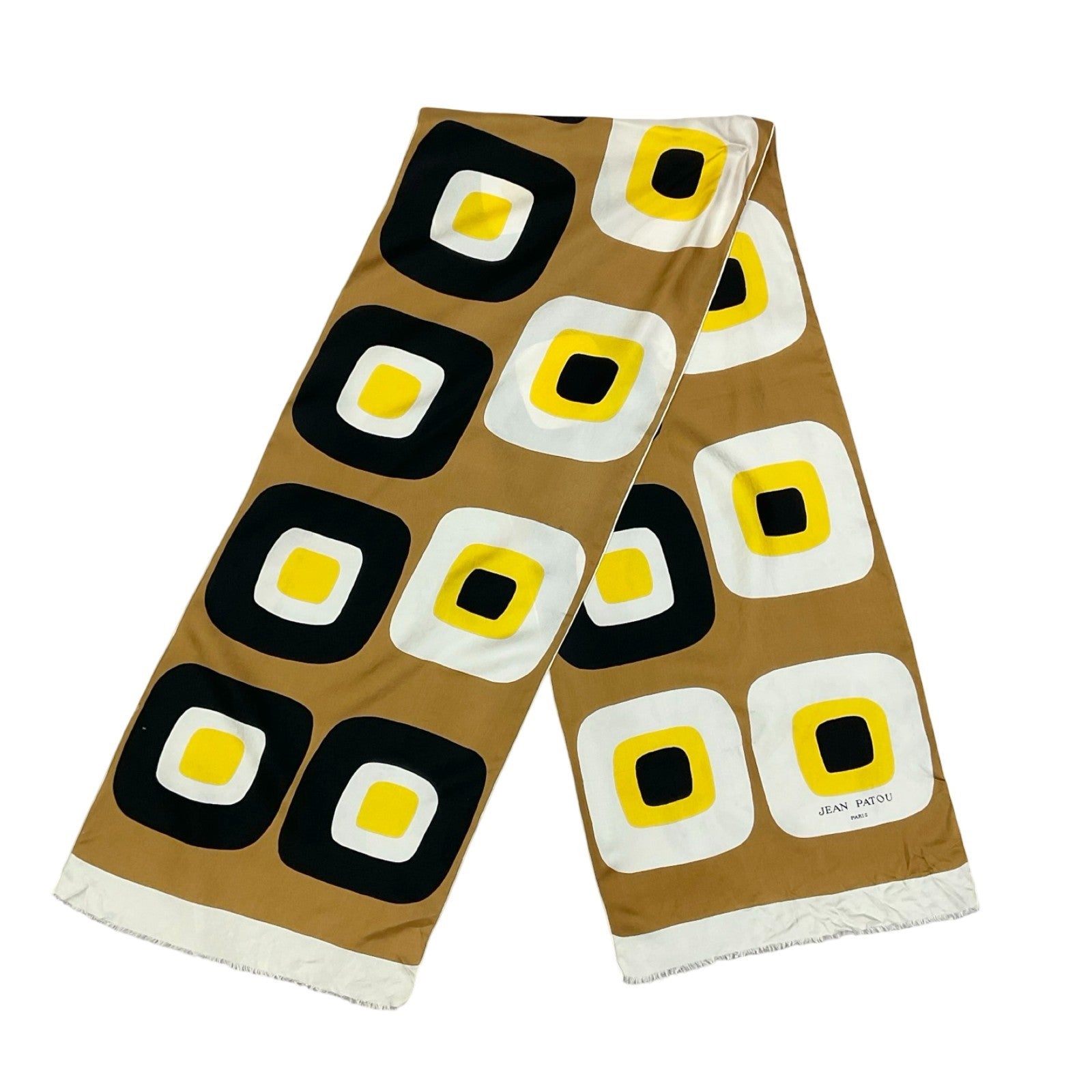 Shrinking Violets Vintage Jean Patou designer beige, yellow, white and black geometric scarf