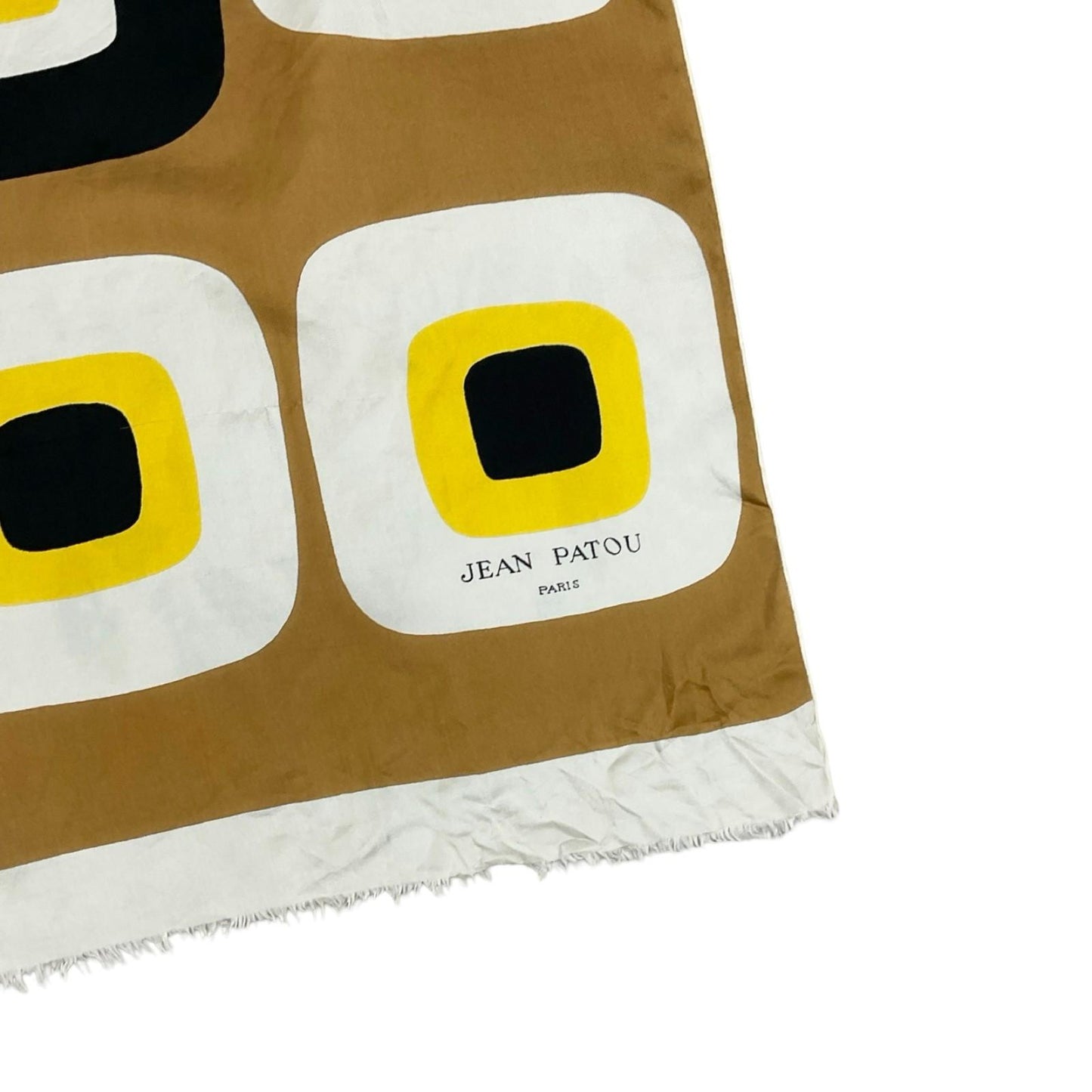 VTG 60S 70S JEAN PATOU BEIGE BLACK YELLOW CREAM SILK FRINGED GEOMETRIC MOD SCARF