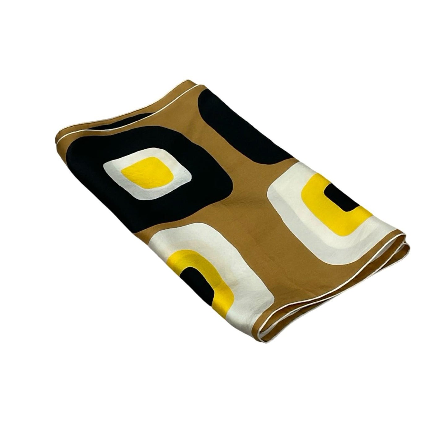 VTG 60S 70S JEAN PATOU BEIGE BLACK YELLOW CREAM SILK FRINGED GEOMETRIC MOD SCARF