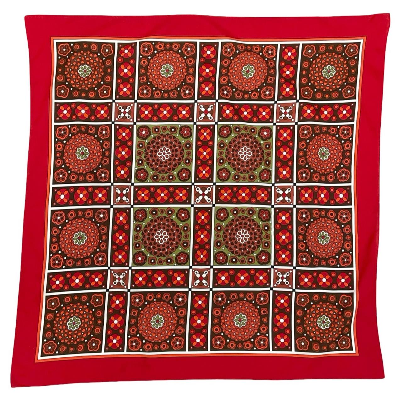 VTG 60S 70S GEOMETRIC FLORAL TILE PRINT RED BROWN ORANGE GREEN WHITE SCARF