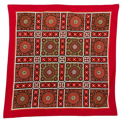 VTG 60S 70S GEOMETRIC FLORAL TILE PRINT RED BROWN ORANGE GREEN WHITE SCARF