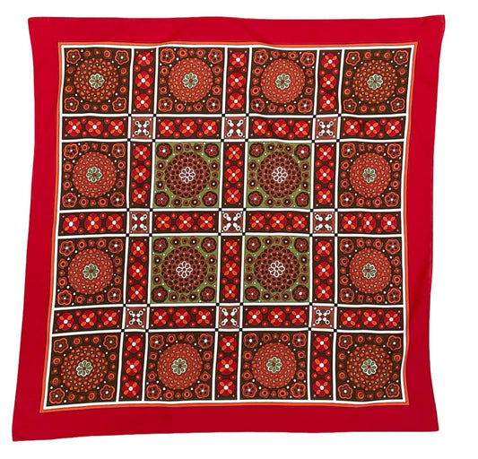 VTG 60S 70S GEOMETRIC FLORAL TILE PRINT RED BROWN ORANGE GREEN WHITE SCARF