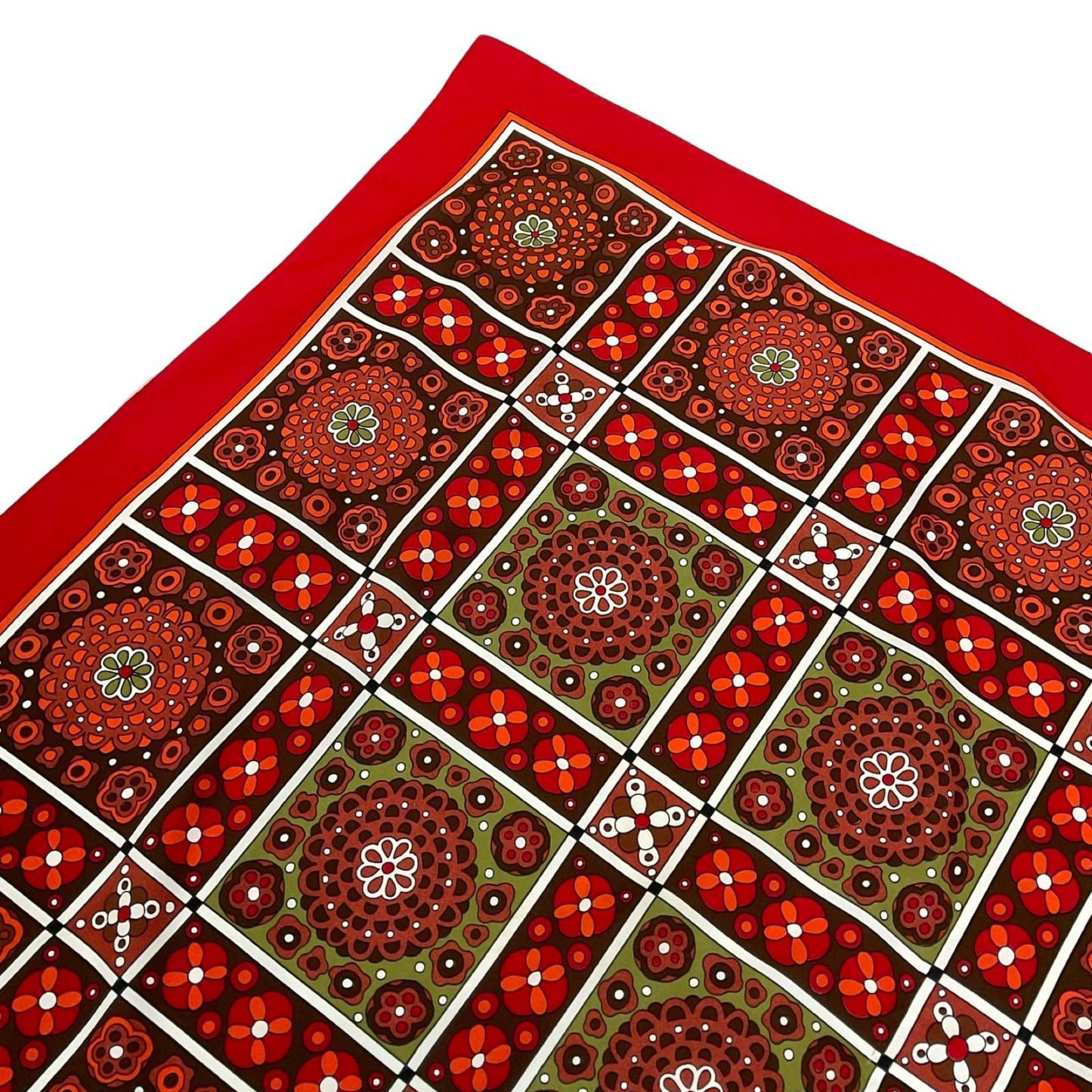 VTG 60S 70S GEOMETRIC FLORAL TILE PRINT RED BROWN ORANGE GREEN WHITE SCARF