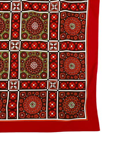 VTG 60S 70S GEOMETRIC FLORAL TILE PRINT RED BROWN ORANGE GREEN WHITE SCARF