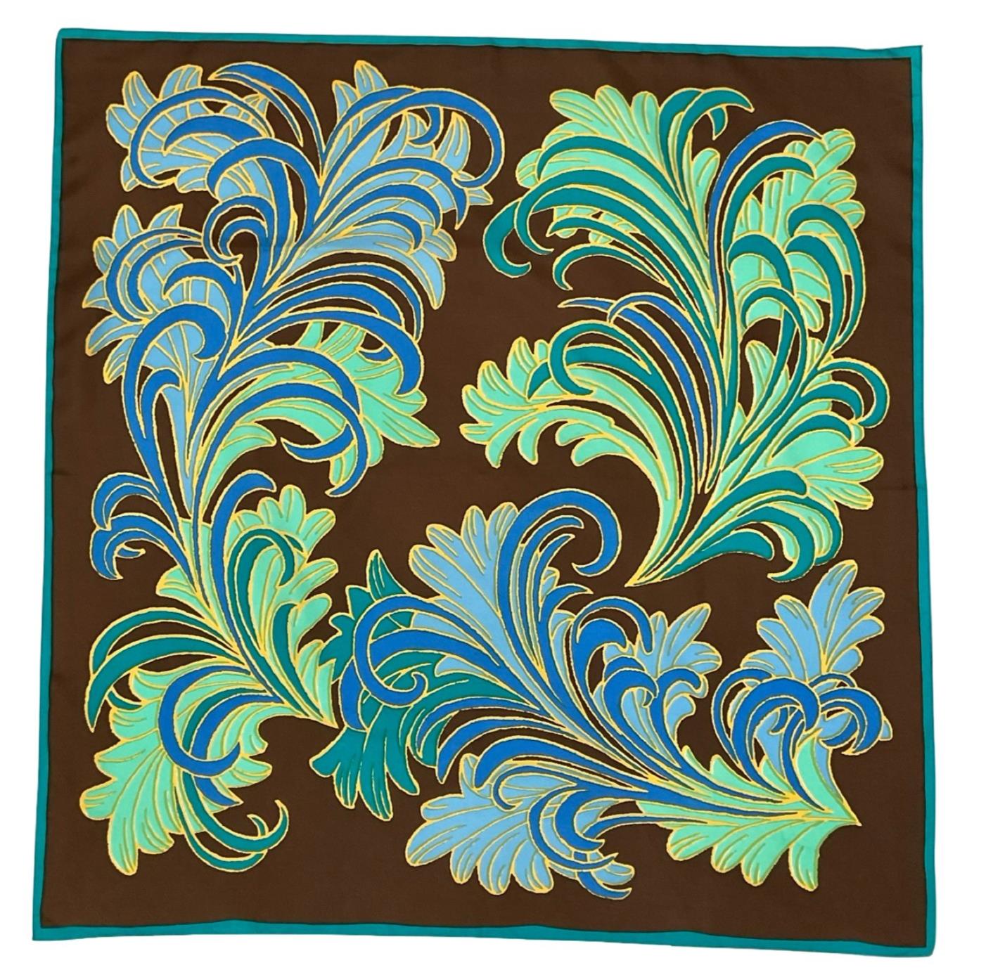 VTG 60S 70S BROWN BLUE GREEN YELLOW FEATHER SWIRL ART DECO SCARF