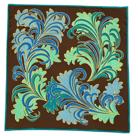 VTG 60S 70S BROWN BLUE GREEN YELLOW FEATHER SWIRL ART DECO SCARF