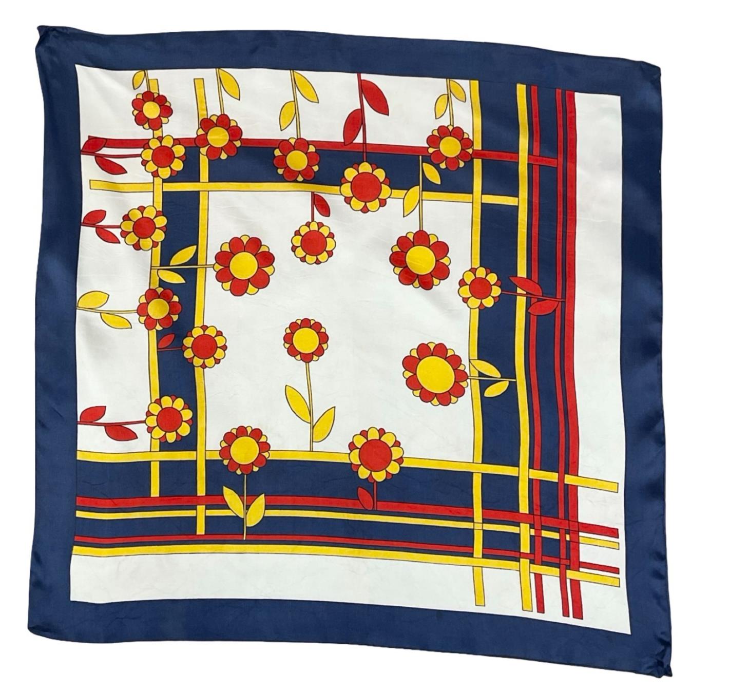 VTG 60S 70S MOD GEOMETRIC FLORAL DAISY WHITE BLUE RED YELLOW GRID SCARF