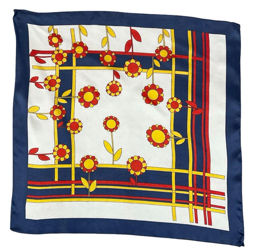 VTG 60S 70S MOD GEOMETRIC FLORAL DAISY WHITE BLUE RED YELLOW GRID SCARF