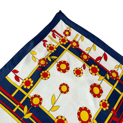 VTG 60S 70S MOD GEOMETRIC FLORAL DAISY WHITE BLUE RED YELLOW GRID SCARF