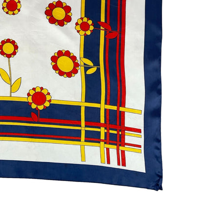 VTG 60S 70S MOD GEOMETRIC FLORAL DAISY WHITE BLUE RED YELLOW GRID SCARF