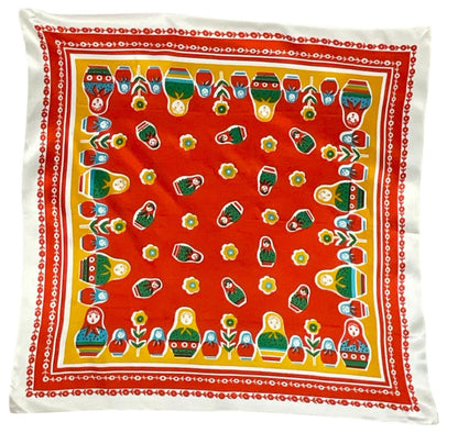 VTG 60S 70S RED WHITE GREEN YELLOW RUSSIAN DOLL matryoshka FLORAL FOLK SCARF