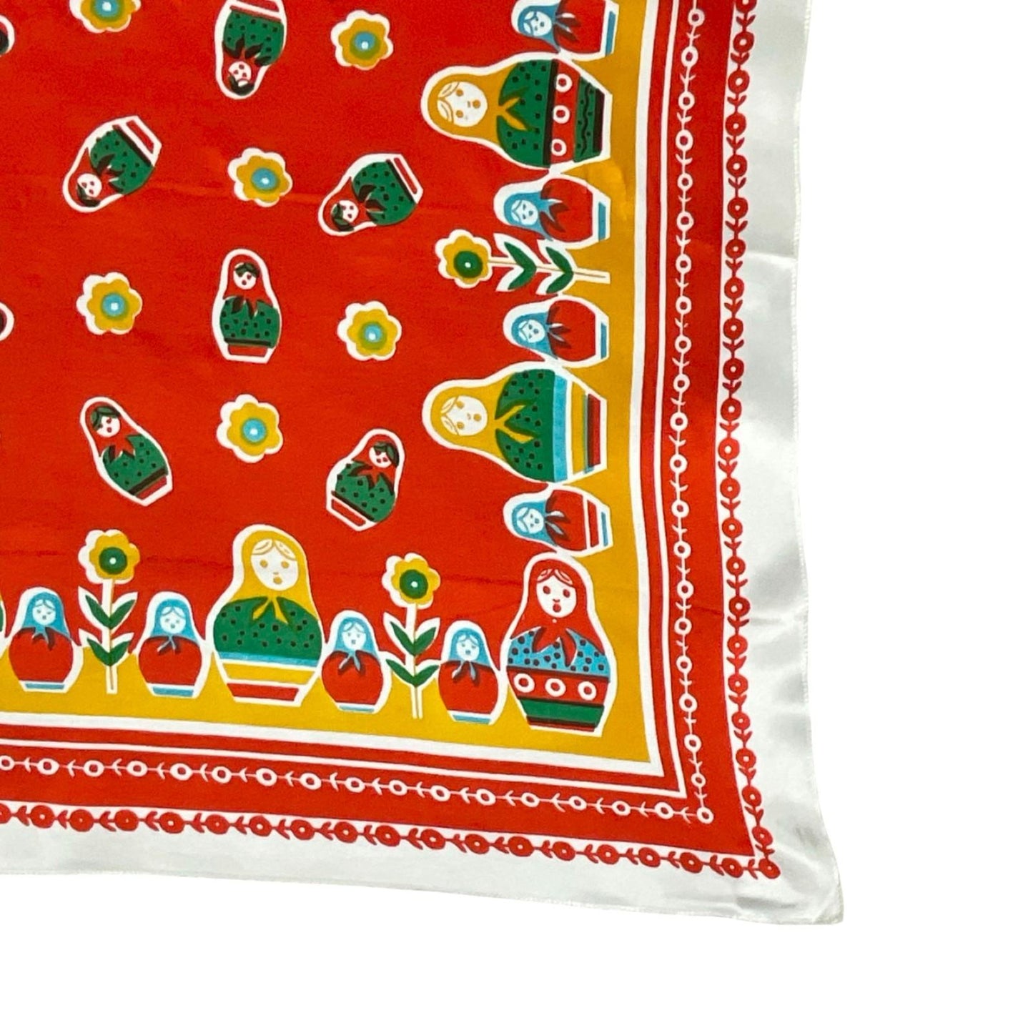 VTG 60S 70S RED WHITE GREEN YELLOW RUSSIAN DOLL matryoshka FLORAL FOLK SCARF