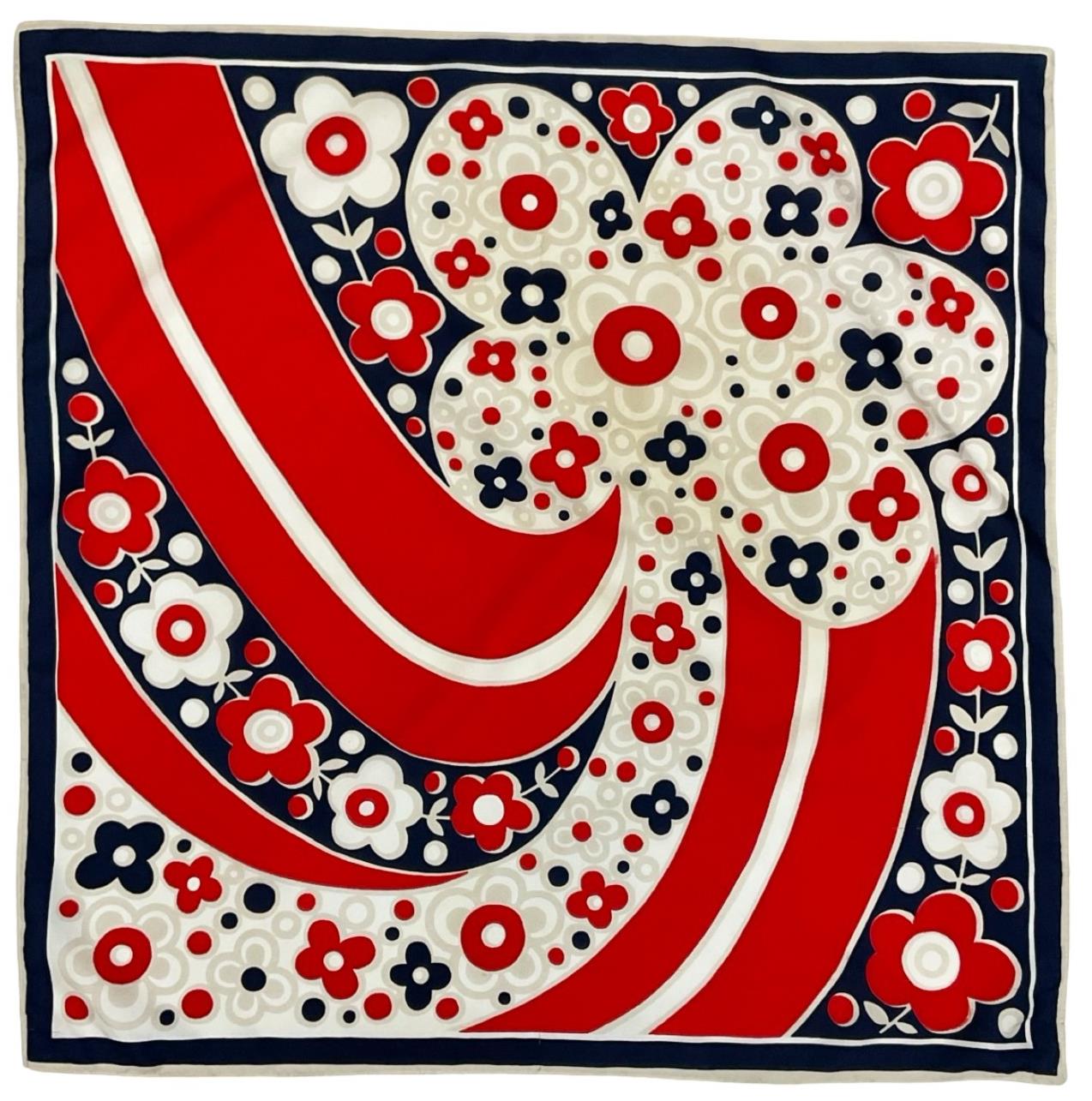 VTG 60S 70S WHITE RED NAVY BLUE PSYCHEDELIC MOD FLORAL FLOWER POWER SCARF