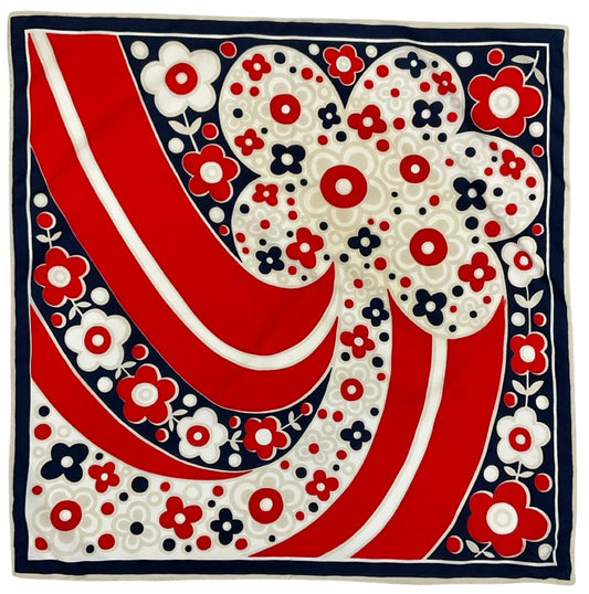 VTG 60S 70S WHITE RED NAVY BLUE PSYCHEDELIC MOD FLORAL FLOWER POWER SCARF