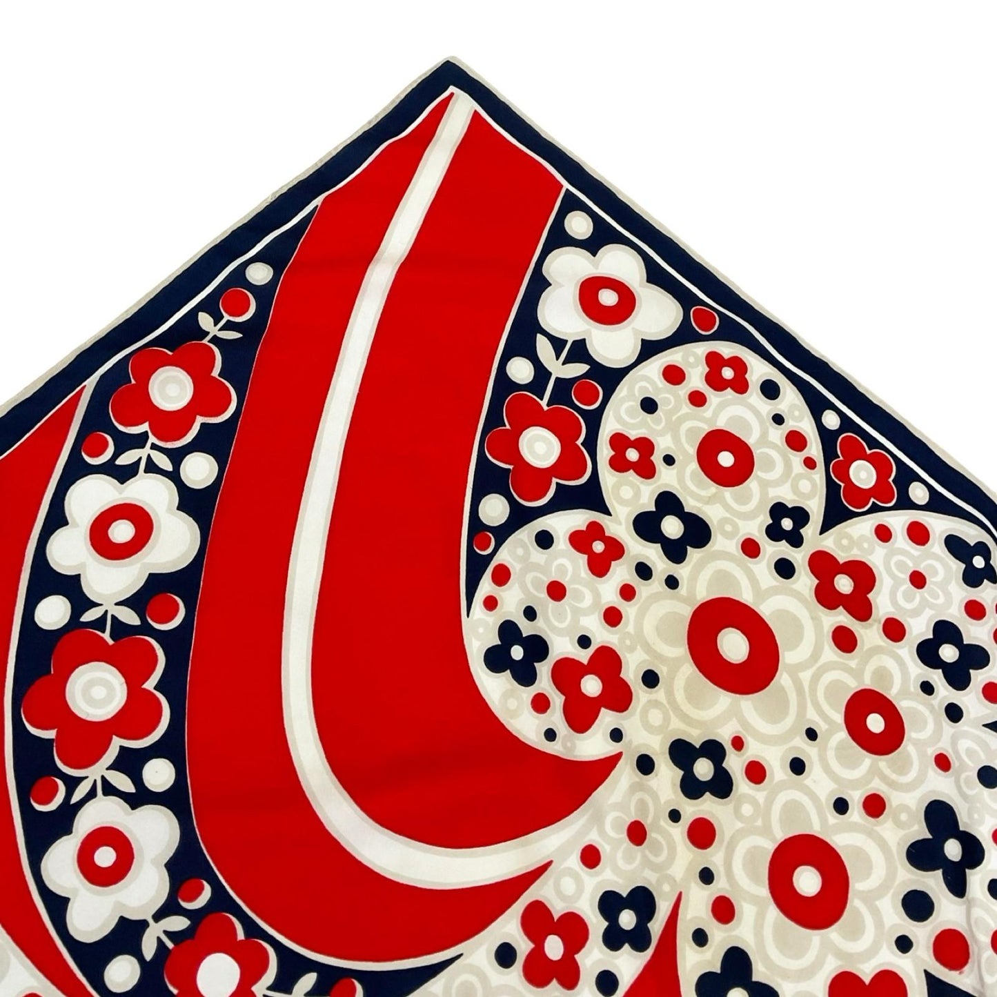 VTG 60S 70S WHITE RED NAVY BLUE PSYCHEDELIC MOD FLORAL FLOWER POWER SCARF