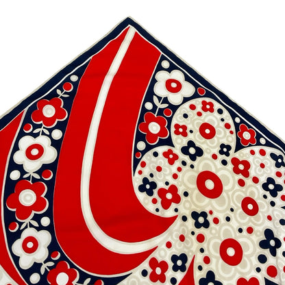 VTG 60S 70S WHITE RED NAVY BLUE PSYCHEDELIC MOD FLORAL FLOWER POWER SCARF