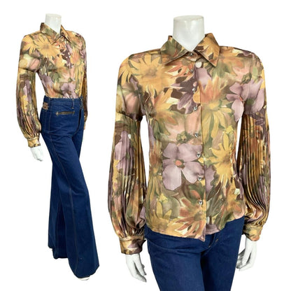 VTG 60S 70S GOLD PURPLE BEIGE FLORAL PLEATED PARTY DISCO BISHOP SLEEVE SHIRT 8