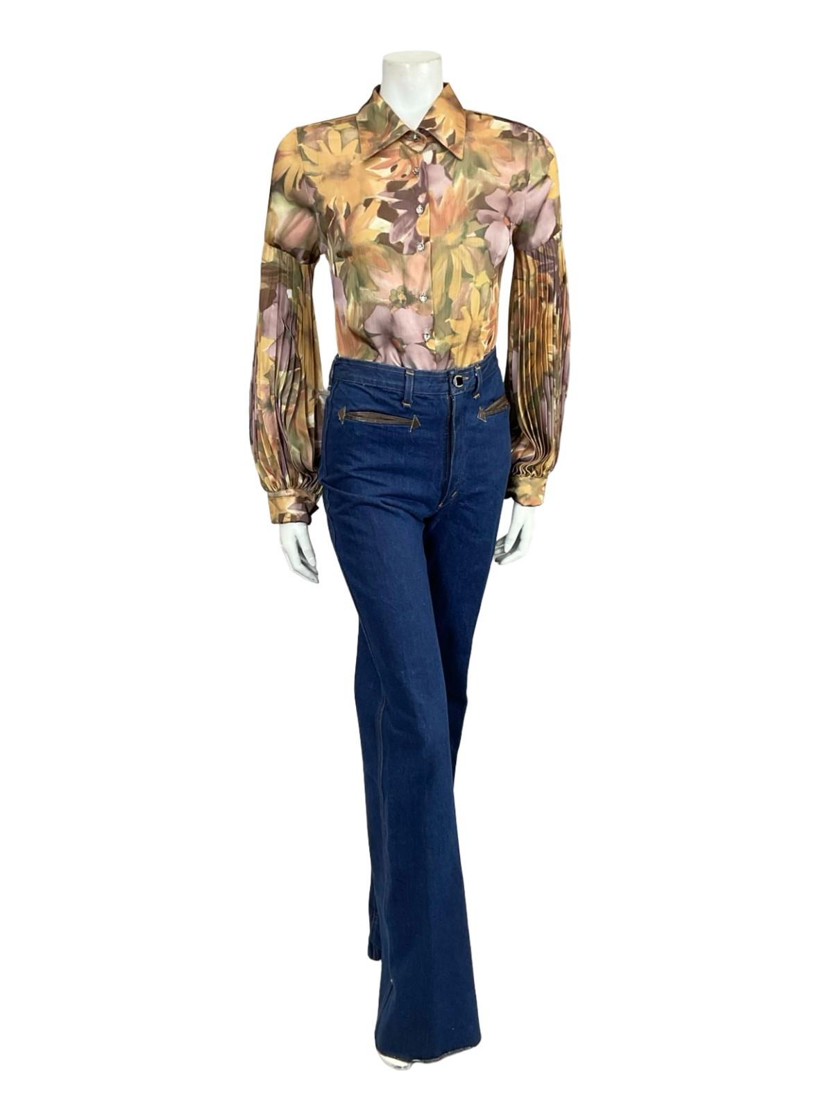 VTG 60S 70S GOLD PURPLE BEIGE FLORAL PLEATED PARTY DISCO BISHOP SLEEVE SHIRT 8