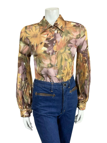 VTG 60S 70S GOLD PURPLE BEIGE FLORAL PLEATED PARTY DISCO BISHOP SLEEVE SHIRT 8