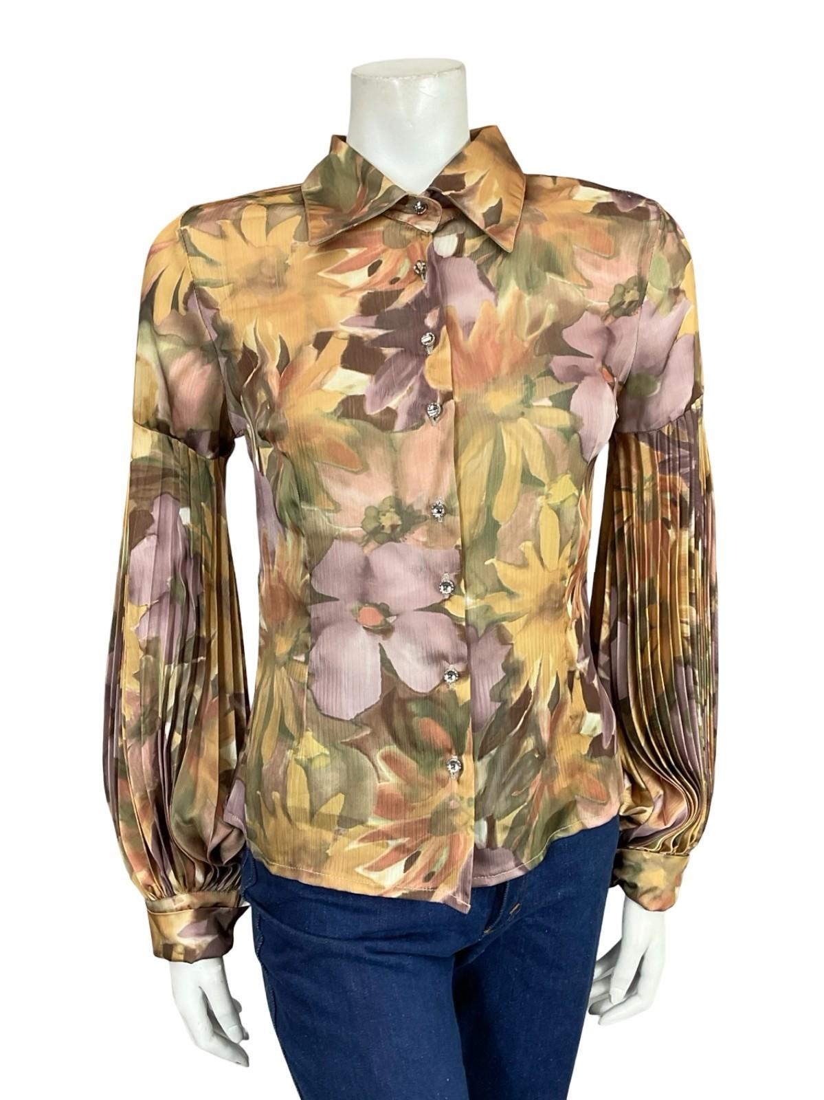 VTG 60S 70S GOLD PURPLE BEIGE FLORAL PLEATED PARTY DISCO BISHOP SLEEVE SHIRT 8