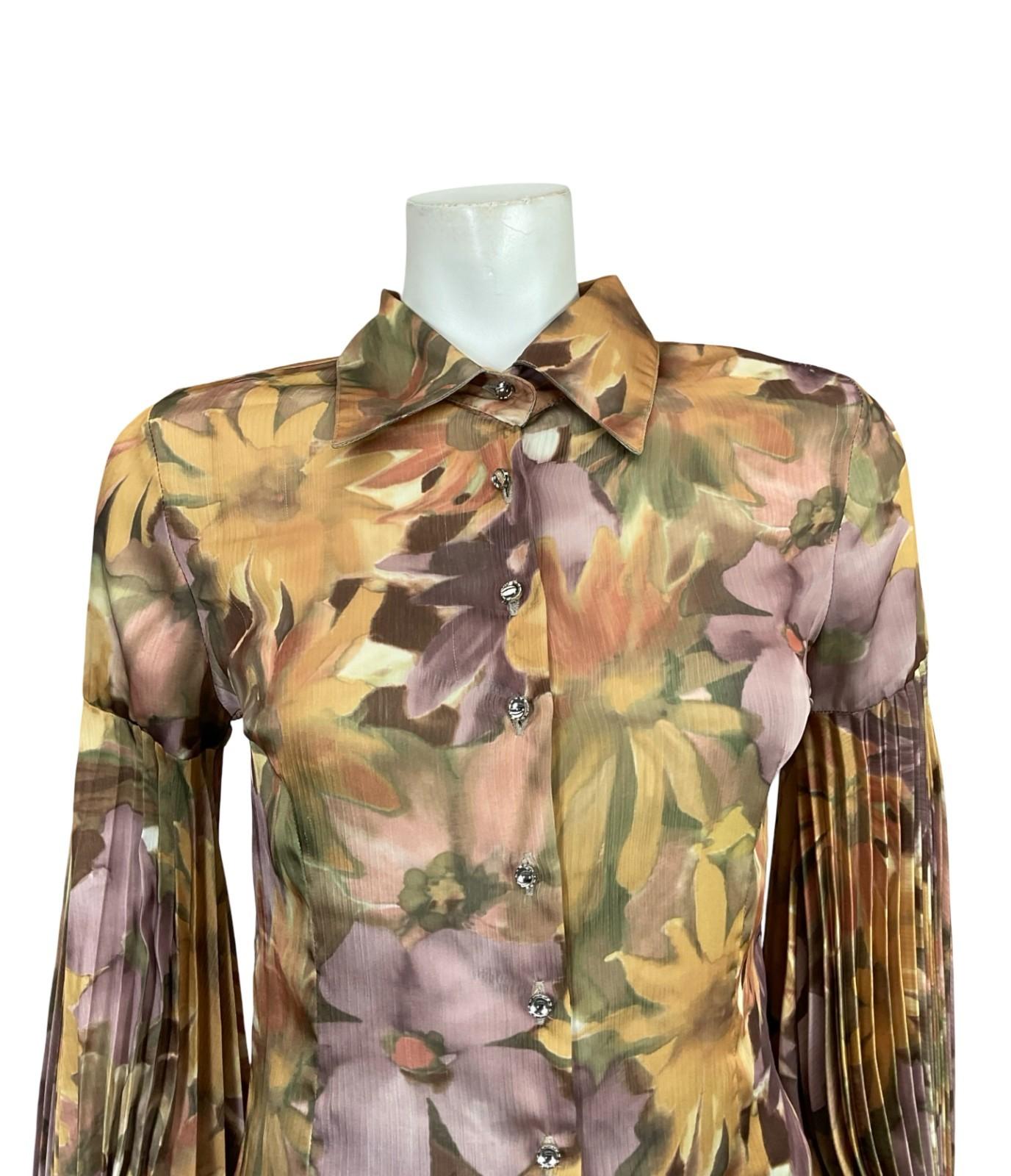 VTG 60S 70S GOLD PURPLE BEIGE FLORAL PLEATED PARTY DISCO BISHOP SLEEVE SHIRT 8