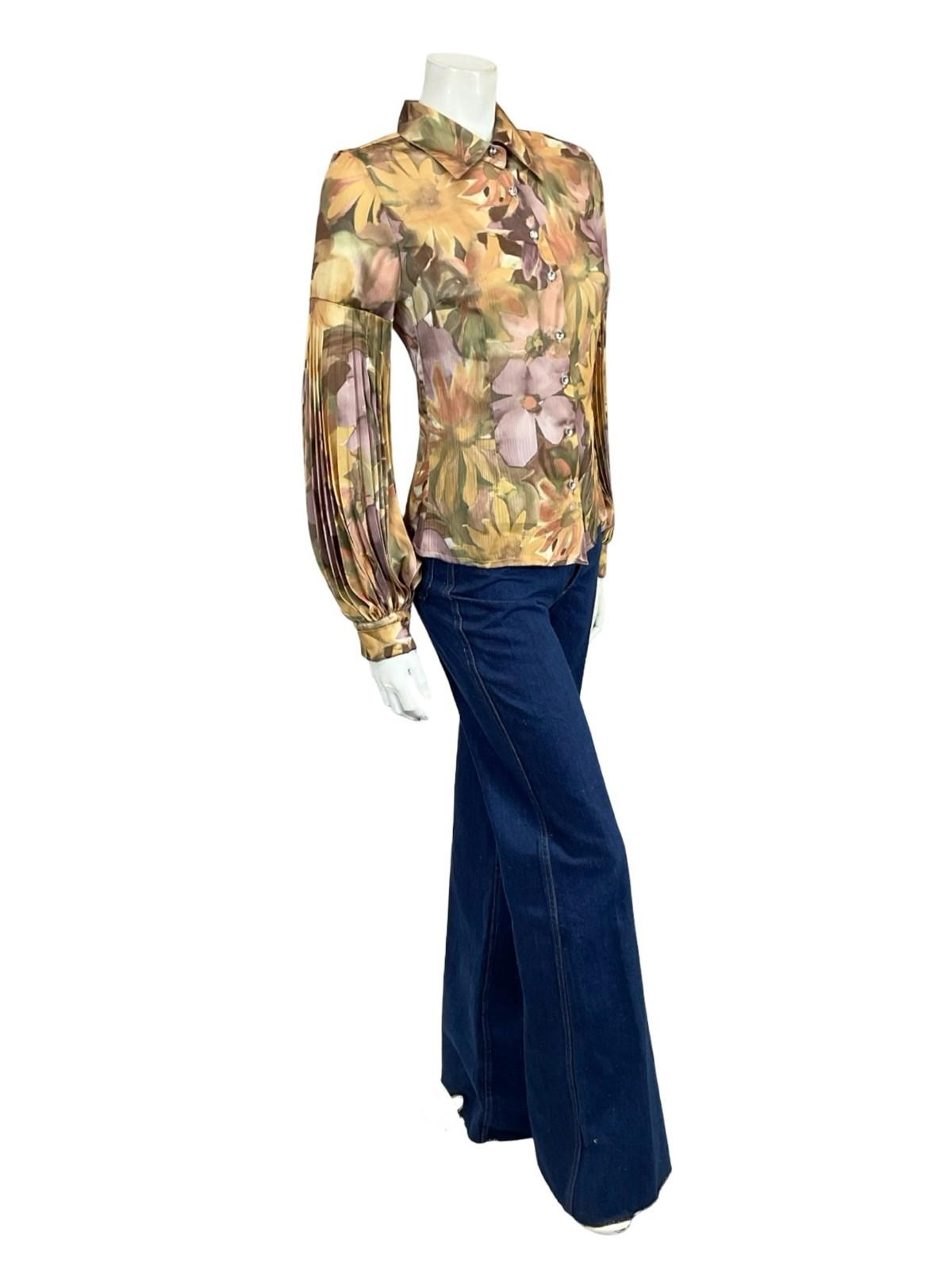 VTG 60S 70S GOLD PURPLE BEIGE FLORAL PLEATED PARTY DISCO BISHOP SLEEVE SHIRT 8