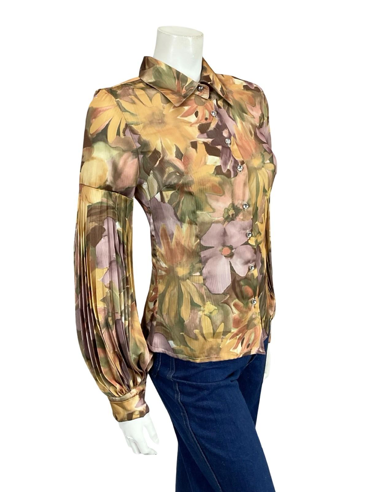 VTG 60S 70S GOLD PURPLE BEIGE FLORAL PLEATED PARTY DISCO BISHOP SLEEVE SHIRT 8