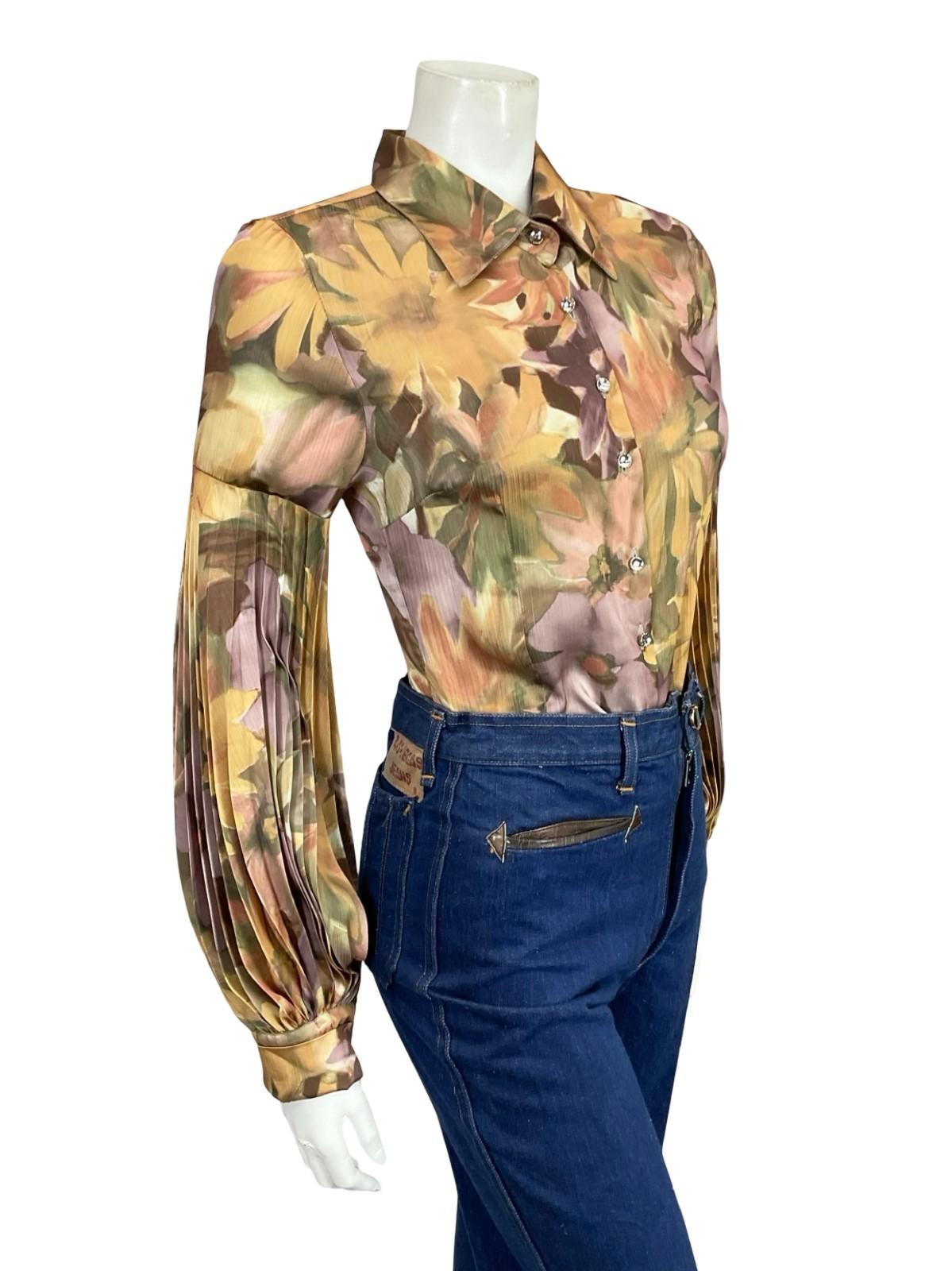 VTG 60S 70S GOLD PURPLE BEIGE FLORAL PLEATED PARTY DISCO BISHOP SLEEVE SHIRT 8