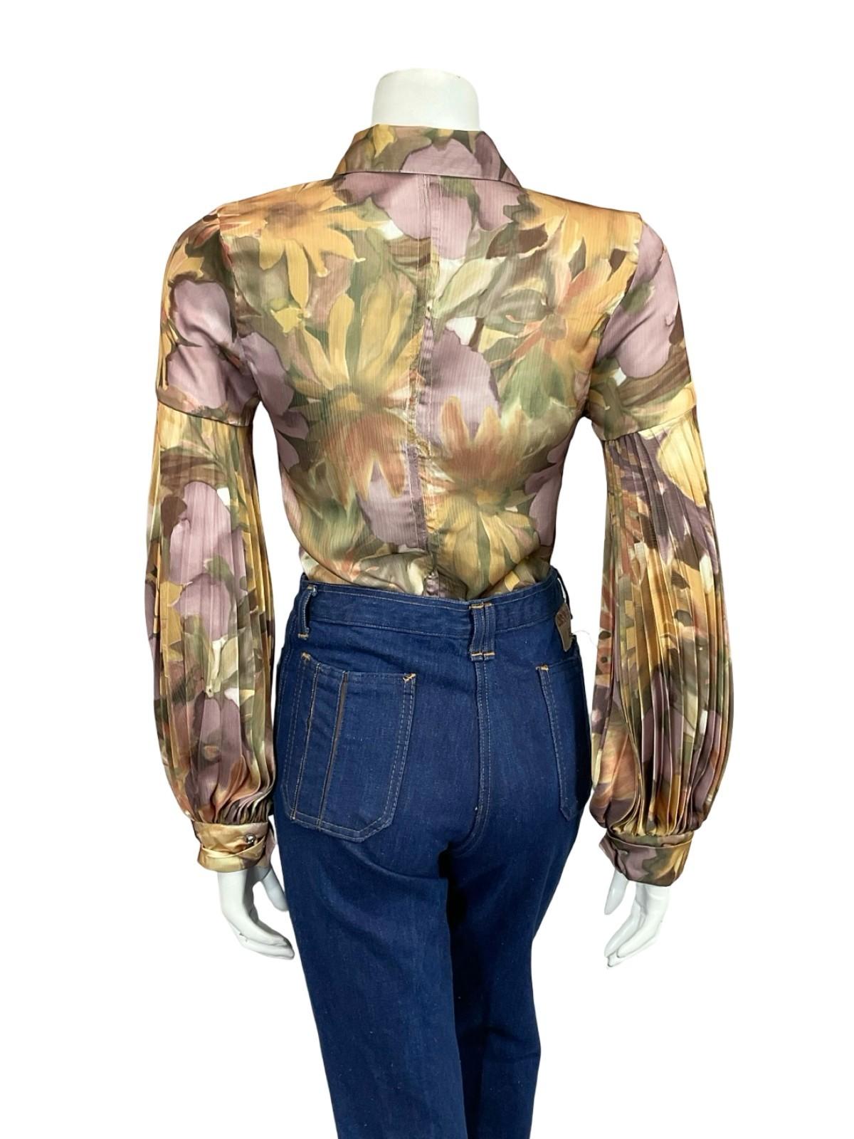 VTG 60S 70S GOLD PURPLE BEIGE FLORAL PLEATED PARTY DISCO BISHOP SLEEVE SHIRT 8