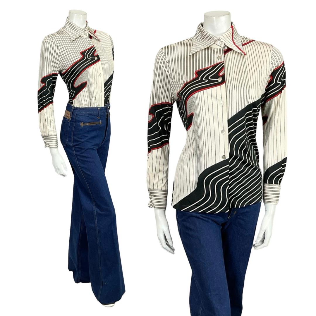 VTG 60S 70S JAPANESE WHITE BLACK RED MOD GEOMETRIC STRIPED DAGGER SHIRT 10
