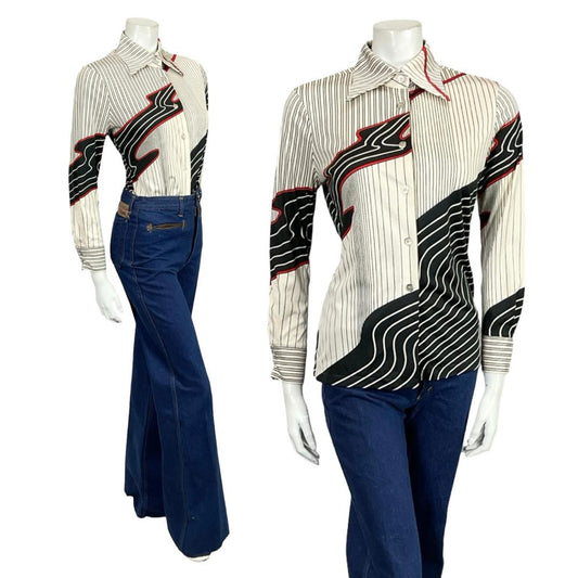 VTG 60S 70S JAPANESE WHITE BLACK RED MOD GEOMETRIC STRIPED DAGGER SHIRT 10