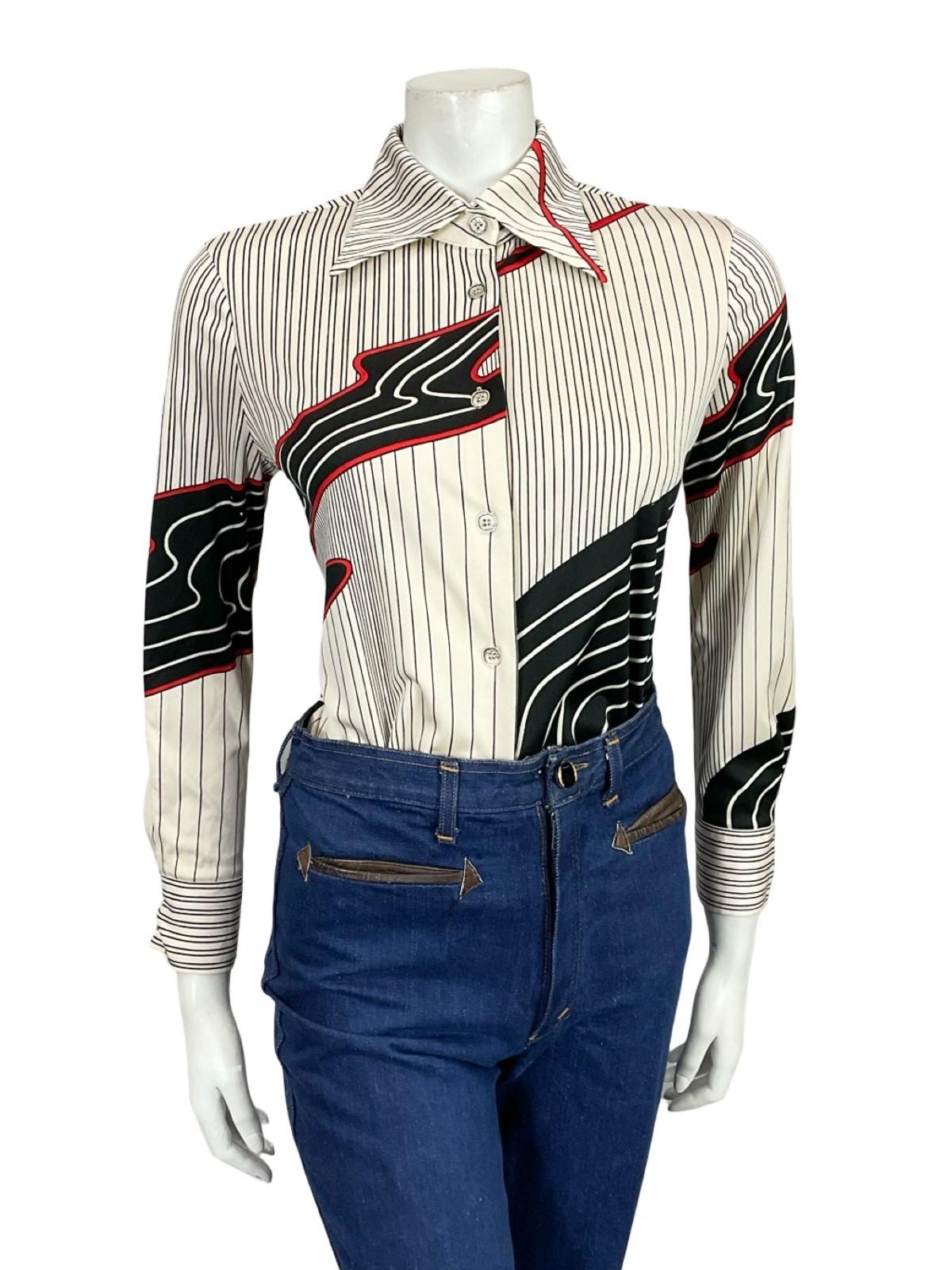 VTG 60S 70S JAPANESE WHITE BLACK RED MOD GEOMETRIC STRIPED DAGGER SHIRT 10