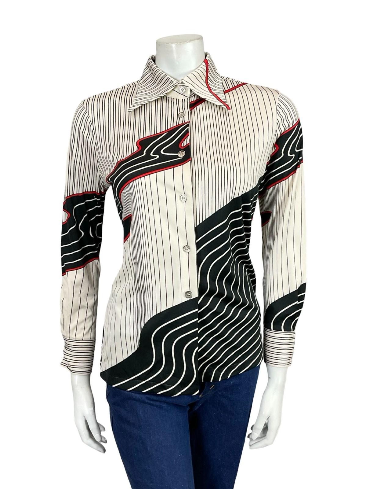 VTG 60S 70S JAPANESE WHITE BLACK RED MOD GEOMETRIC STRIPED DAGGER SHIRT 10