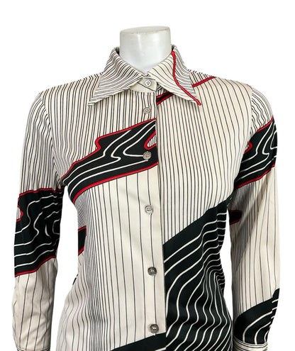 VTG 60S 70S JAPANESE WHITE BLACK RED MOD GEOMETRIC STRIPED DAGGER SHIRT 10