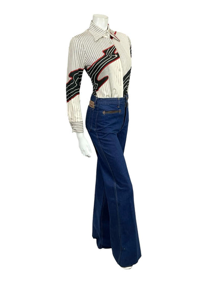 VTG 60S 70S JAPANESE WHITE BLACK RED MOD GEOMETRIC STRIPED DAGGER SHIRT 10