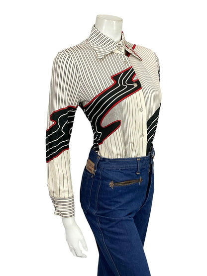 VTG 60S 70S JAPANESE WHITE BLACK RED MOD GEOMETRIC STRIPED DAGGER SHIRT 10