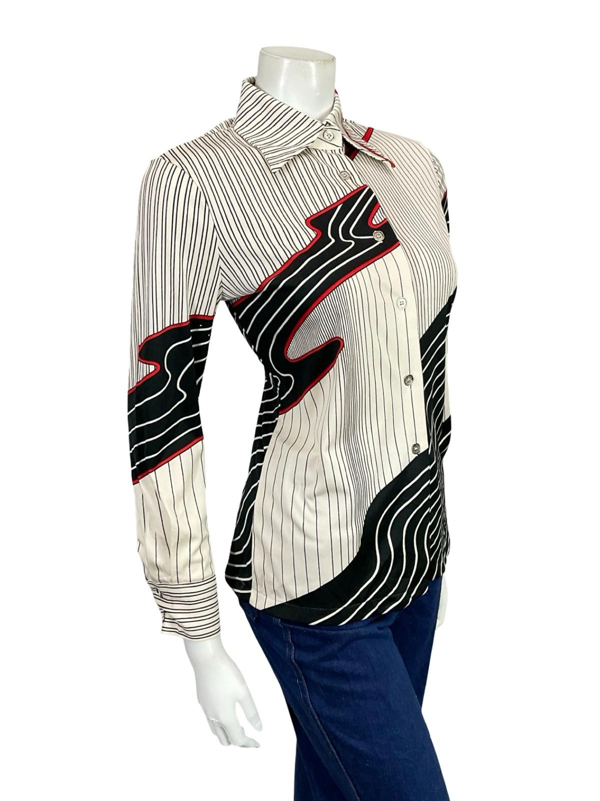 VTG 60S 70S JAPANESE WHITE BLACK RED MOD GEOMETRIC STRIPED DAGGER SHIRT 10