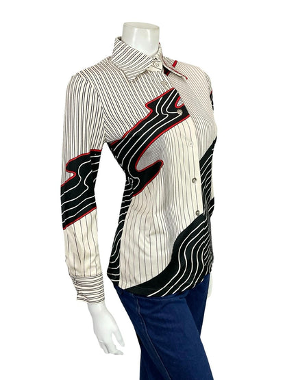 VTG 60S 70S JAPANESE WHITE BLACK RED MOD GEOMETRIC STRIPED DAGGER SHIRT 10